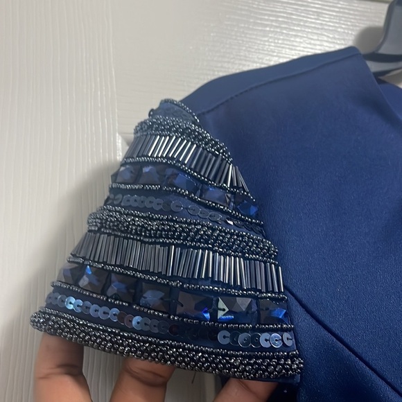 Ieena for Mac Duggal dress Navy Blue HIGH neck cap sleeve long gown New Sz 8 - Picture 5 of 12